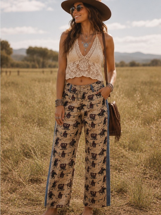 Oli & Hali Pants - Oli & Hali Jeans Western Tapestry Panel Cropped Wide Leg Jeans
